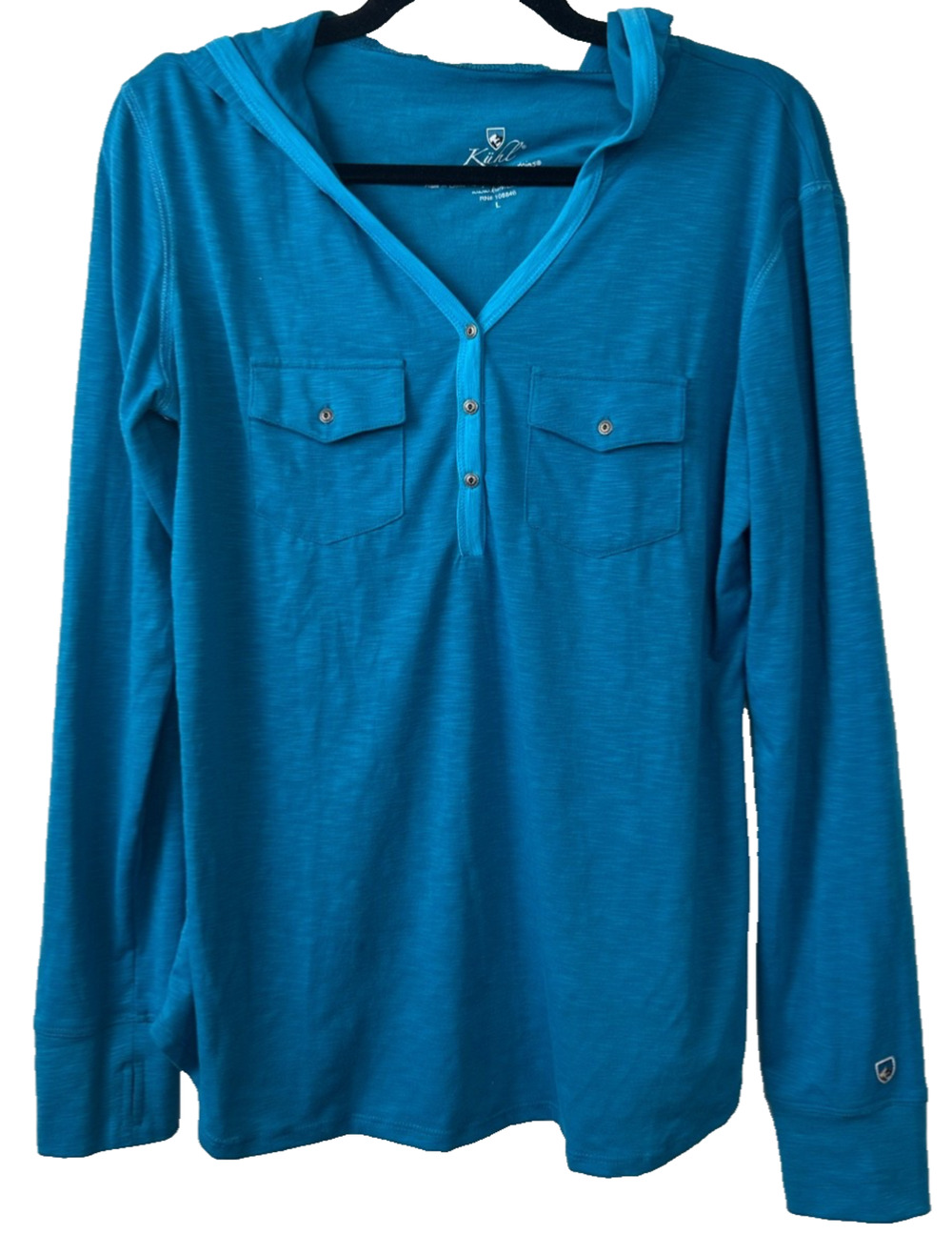 KUHL Women Lightweight Sora Hoodie Blue L Outdoor Hiking Pullover Top Henley D31